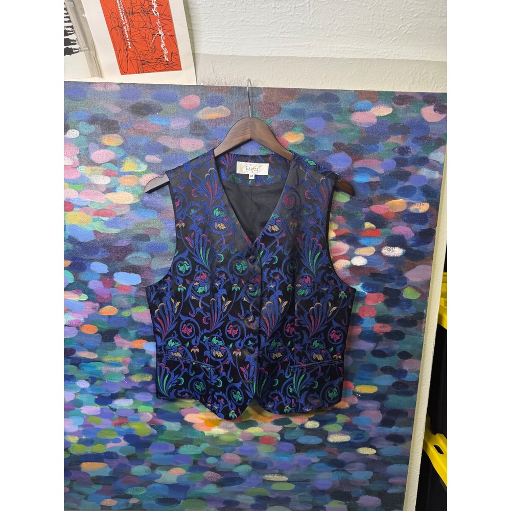 Career Essentials Womens Vintage Brocade Floral Vest Multicolored Jewel Tone M